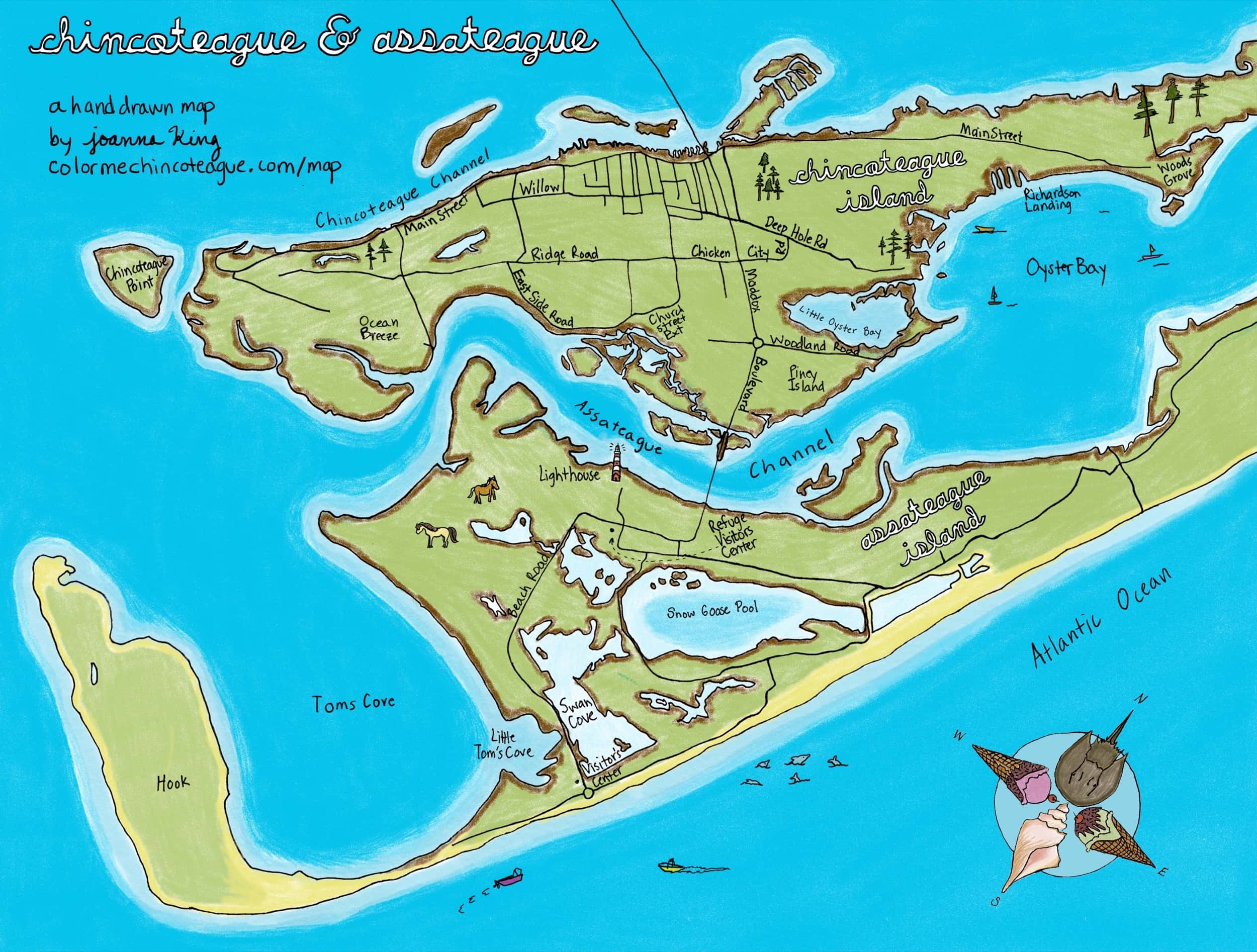 This map of Chincoteague and Assateague was hand-drawn and colored by Joanna King.