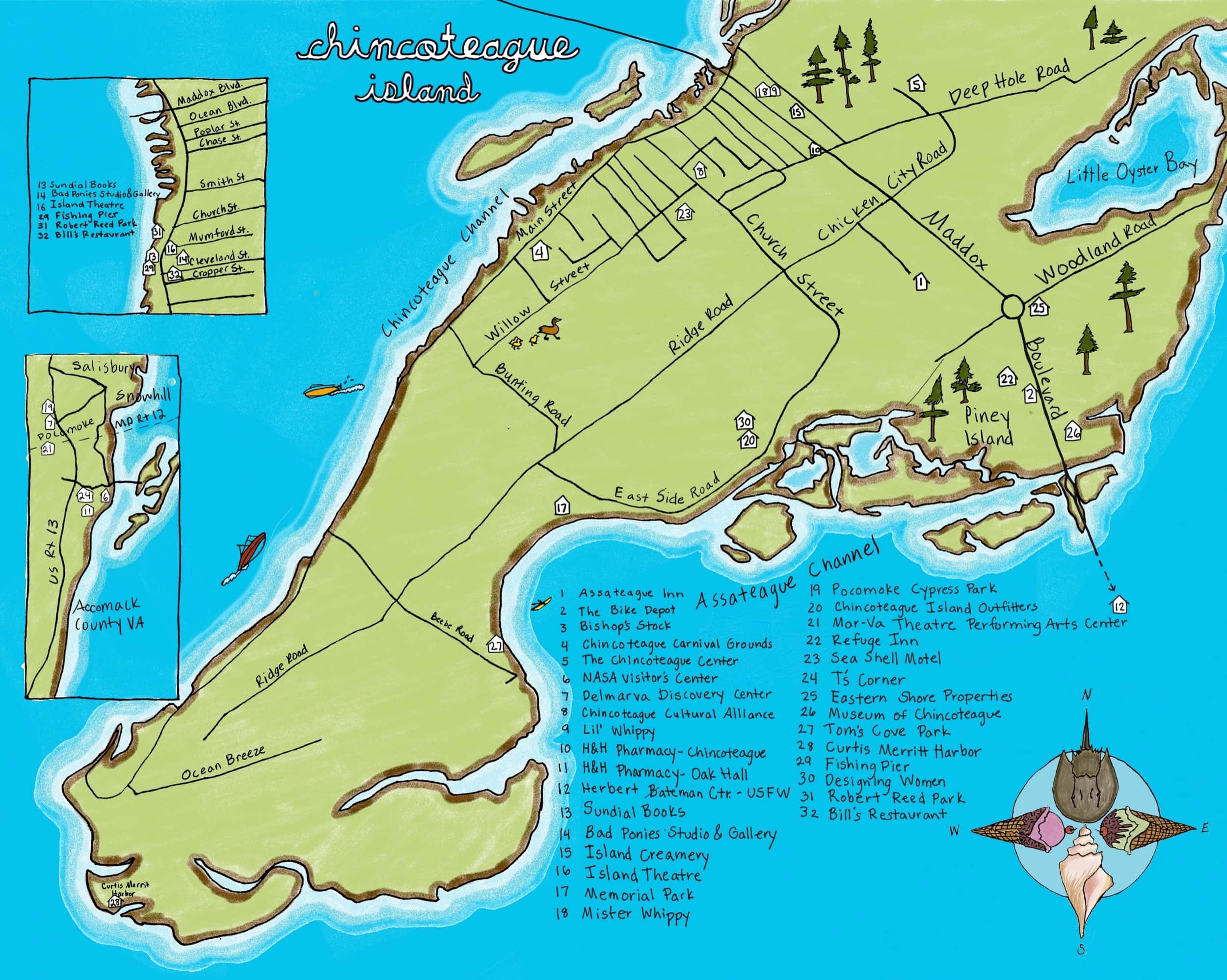 Chincoteague map hand-drawn and colored by Joanna King.