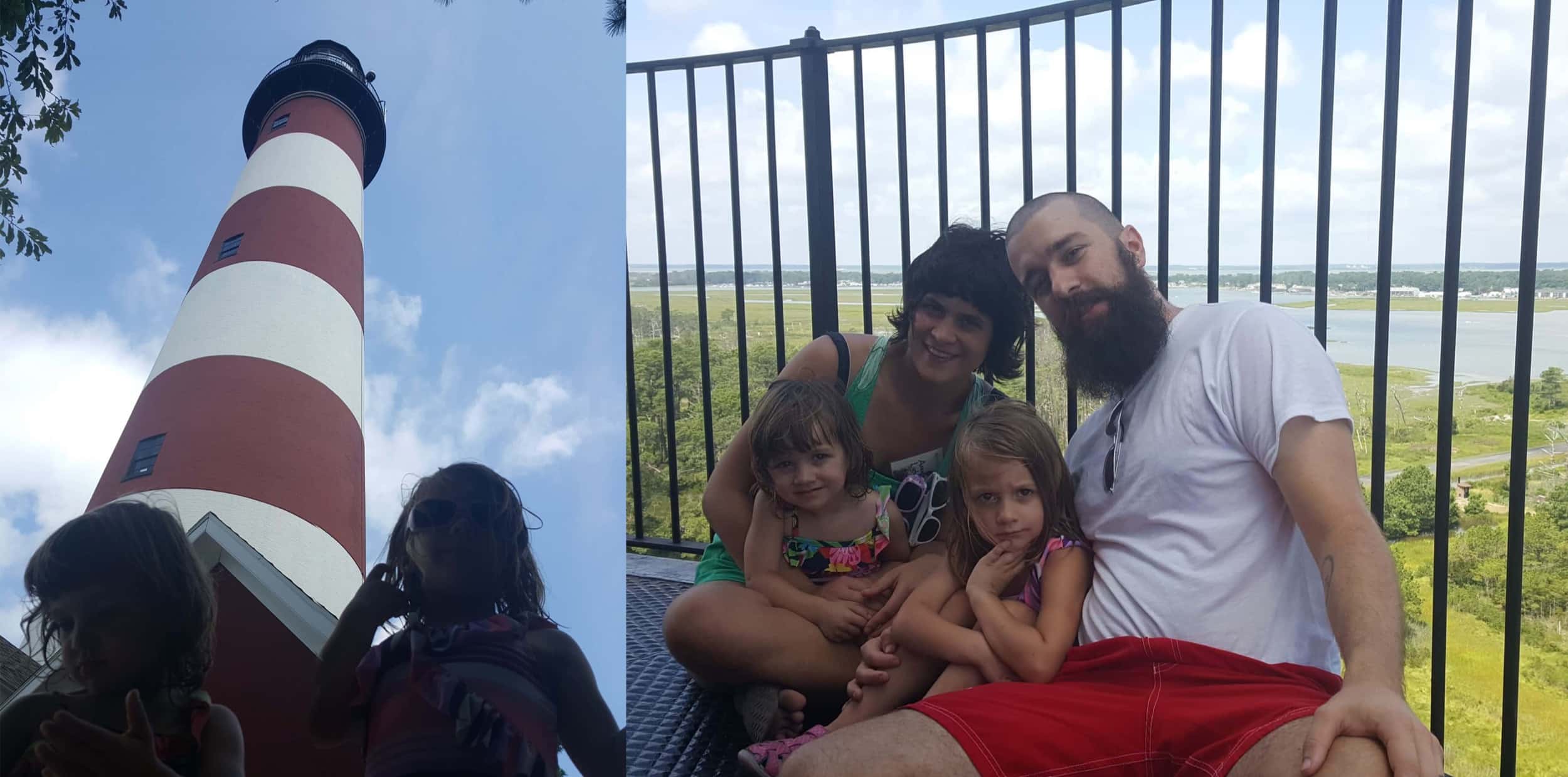 Our family at the bottom of the Assateague Lighthouse... and at the top.