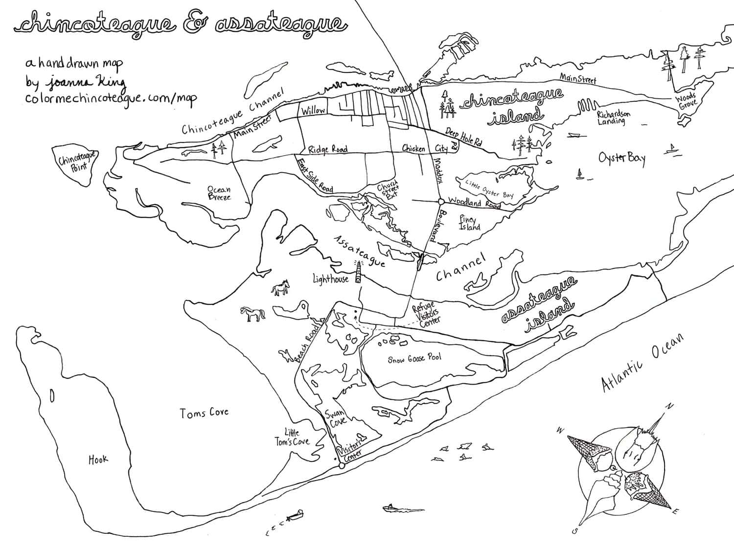 Chincoteague   Assateague Map Black And White 